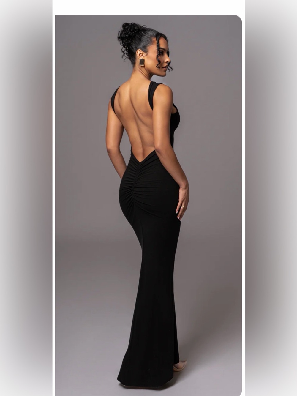 JLUXLABEL Black Backless Ruched Mermaid Maxi Dress